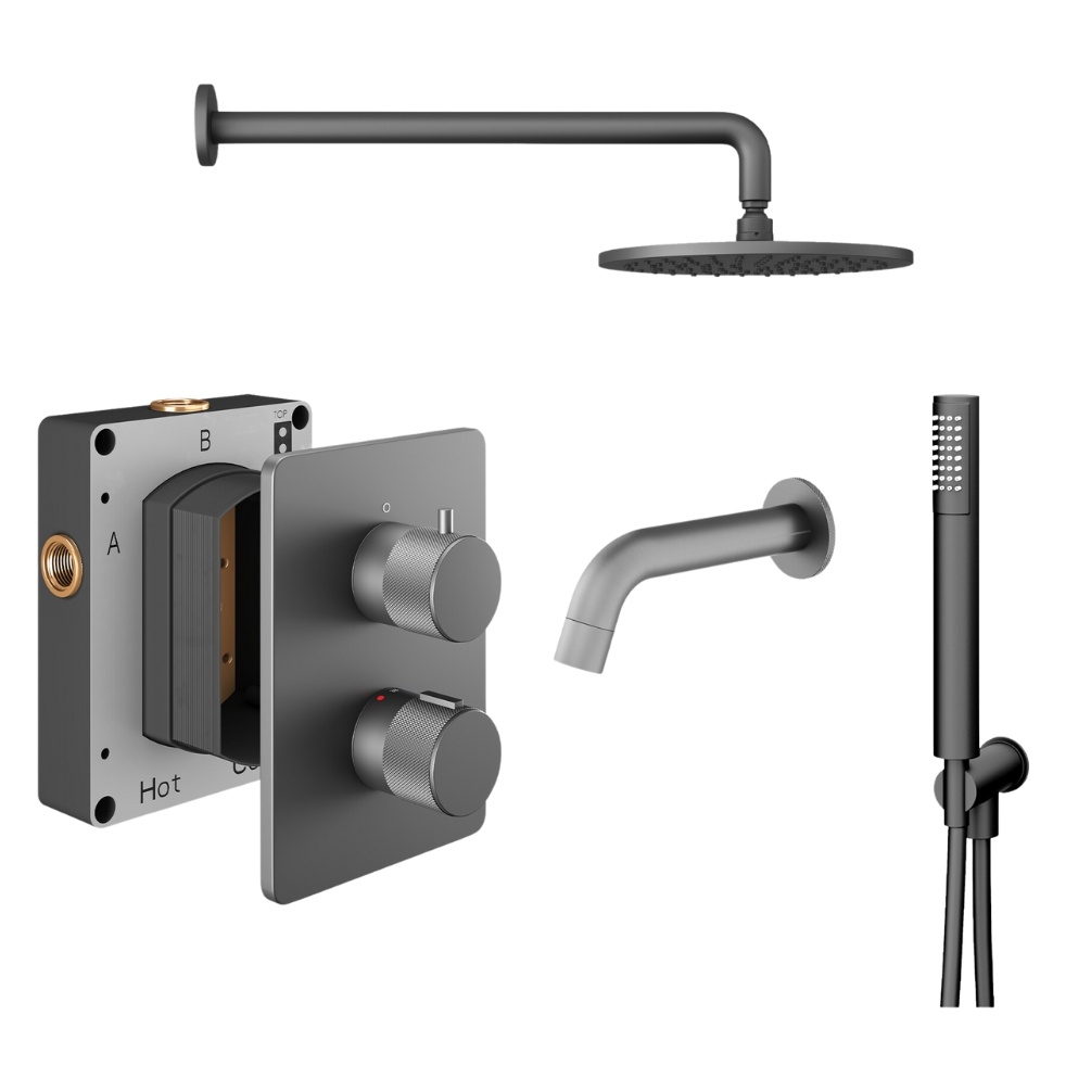 Product Cut out image of the Abacus Iso Pro Anthracite 3 Outlet Shower Pack with Bath Spout & Handset